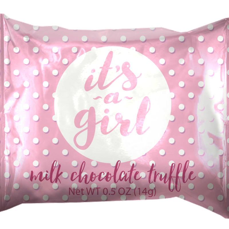 Pink-wrapped โItโs a Girlโ chocolate truffles perfect for baby showers and birth announcements.