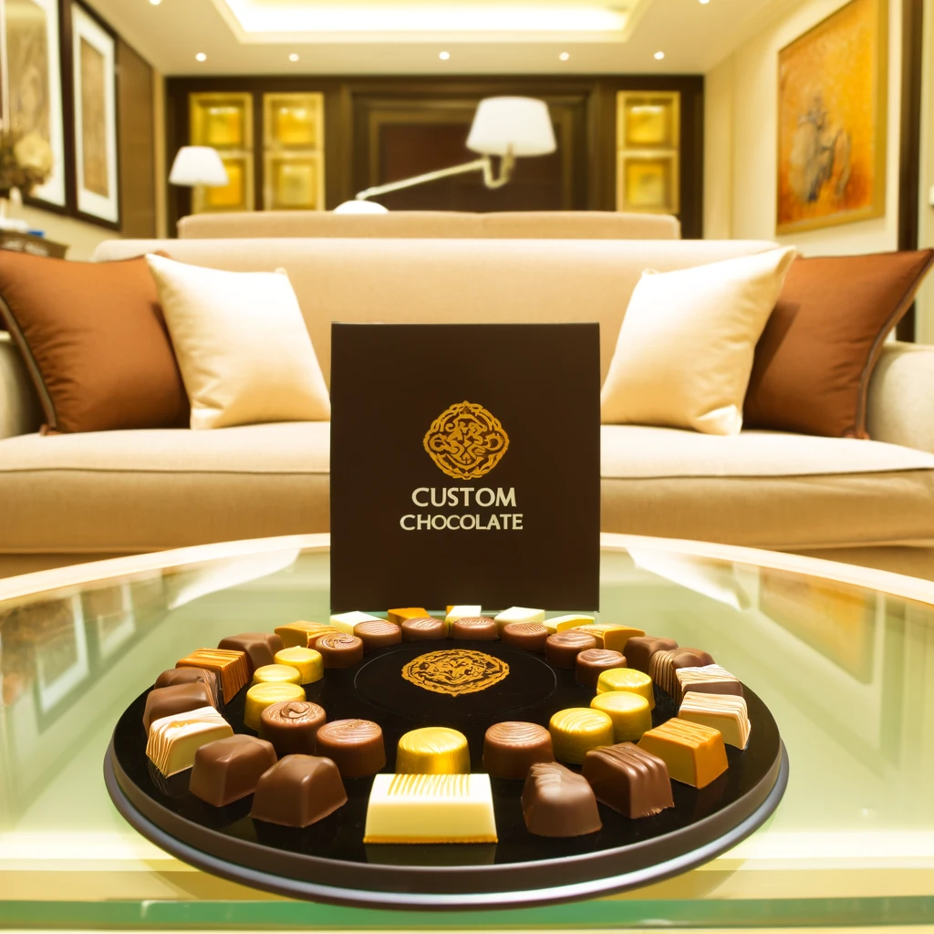 luxurious hotel suite with premium custom chocolates