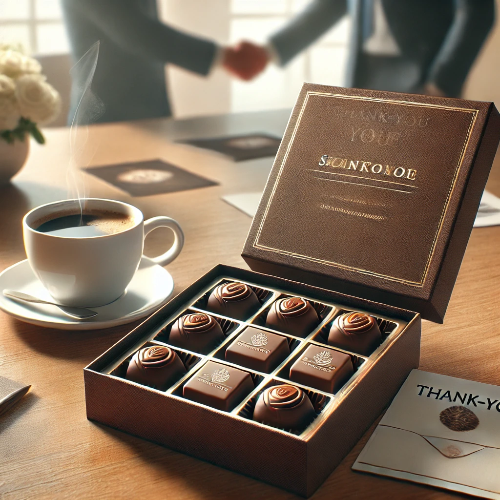 Beautifully wrapped custom chocolate truffles displayed with a thank-you card and coffee, symbolizing strong business connections.